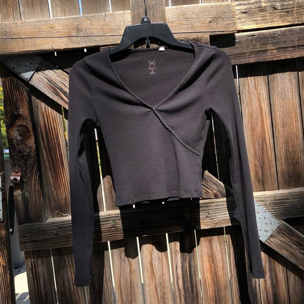 Pacsun Basics black v-neck long sleeve crop top